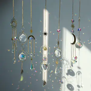 7 PCS Crystal Suncatchers, Gold Moon Star Sun Catchers Hanging with Chain Pendan - Picture 1 of 7