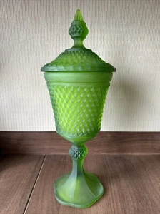 Vintage Indiana Frosted Green Glass Diamond Point Pedestal Candy Dish w/Lid 16" - Picture 1 of 11