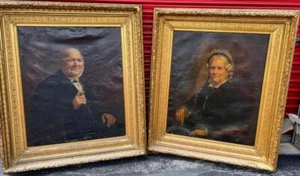 Original Antique Old American Portrait Oil Painting Man Woman Early Americana - Picture 1 of 12