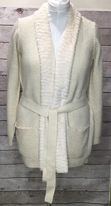 Dennis Basso Cardigan Knit Sweater Sz Sm Cream Tie Faux Fur Shawl Collar NWOT - Picture 1 of 12