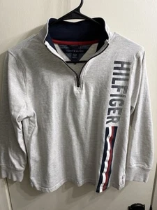 Tommy Hilfiger 1/4 Zip Sweater Boys Size M 12/14 Pullover Navy Grey with R/W/B - Picture 1 of 4
