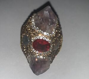 Stunning Adjustable Amethyst and Red Swarovski Crystal Womens Ring