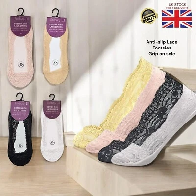 Calcetines transparentes antideslizantes de encaje invisibles de encaje con forros de zapatos de piel con pies para damas Foto 1 de 4