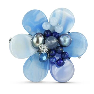 Broche prendedor colorido flor margarita en tonos azules ágata, cristales y perlas - Imagen 1 de 4