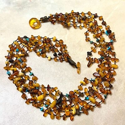 Collar vintage ámbar y turquesa, piedras preciosas en capas de varios hilos - 22" Foto 1 de 4