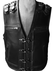 Men Real Cow Leather Bikers Vest Motorcycle Thick Leather Side Laces Vest - Picture 1 of 3