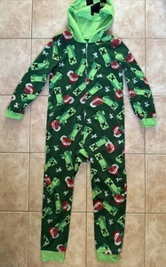 Minecraft Creeper Green TNT One Piece Zip Fleece Pajamas Costume PJ’s Boys L - Picture 1 of 8