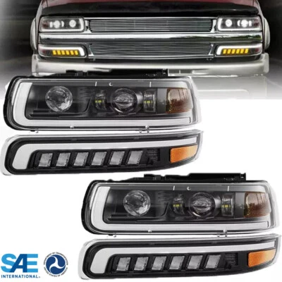 DOT Black LED DRL Headlights+Bumper Lamps For 99-02 Chevy Silverado 00-06 Tahoe - Изображение 1 из 4