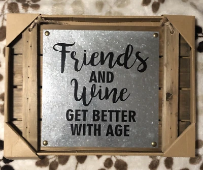 New! Rustic Wood & Metal Print Wall Hanging Drinking Quote " Friends and wine" - Image 1 of 4