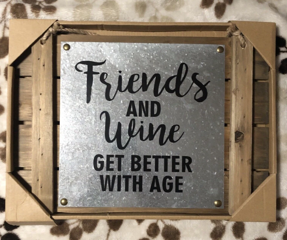 New! Rustic Wood & Metal Print Wall Hanging Drinking Quote " Friends and wine" - Image 1 of 4