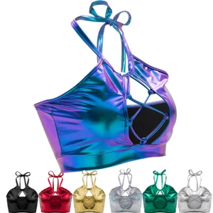 Mujeres Sexy Wetlook Metálico Prenda para el torso recortada Brillante Halter Chaleco de baile Prendas para el torso Fiesta Prendas para club nocturno - Imagen 1 de 28