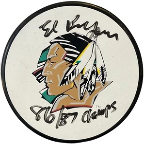 ED BELFOUR FIRMADO NORTH DAKOTA 1987 CAMPEONES NACIONALES DISCO BECKETT CERTIFICADO DE AUTENTICIDAD - Imagen 1 de 2