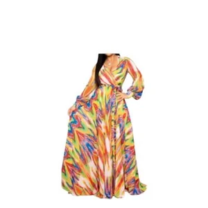 Va Va Voom Dress Womens Large Multicolor Long Sleeve Wrap Maxi Tropical - Picture 1 of 7