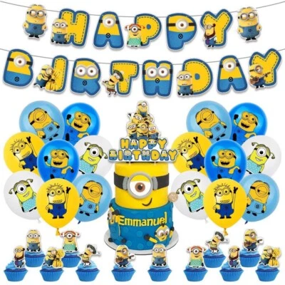 Minions Cartoon Character Birthday Party Supplies Set Banner Balloon Cake Topper - Image 1 of 4