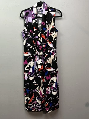 Vestido Dana Buchman Mujer Mediano Negro Multicolor Abstracto Corbata Cintura Sin Mangas Foto 1 de 4