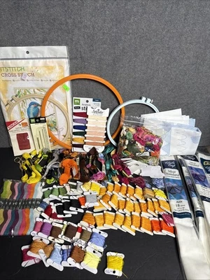 EMBROIDERY THREAD FLOSS CROSS STITCH KIT NEEDLES FABRIC RINGS ETC.  HUGE LOT - Image 1 of 4