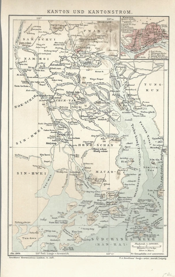 1904 VINTAGE COLOR MAP OF CANTON GUANGDONG CHINA MACAO MACAU LANTAU - Image 1 of 1