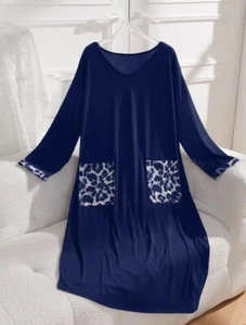 NAVY / ANIMAL PRINT TRIM LONG SLEEVE NIGHTDRESS BRAND NEW 🌸SIZE 22 - Picture 1 of 5