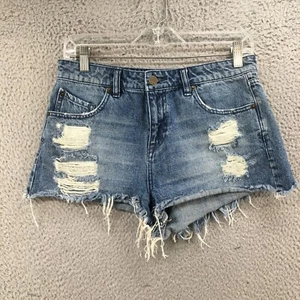 Volcom Cut-Off Shorts Womens 7 (actual 30x2) Blue Denim Mid Rise Distressed Zip - Picture 1 of 18