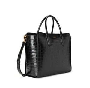 LAUREN Ralph Lauren Tyler Crocodile Embossed Leather Medium Tote Bag Black - Picture 1 of 5