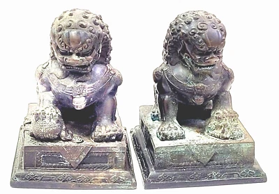Antique Chinese Bronze Temple Foo Lion Dogs Pair - Image 1 of 4