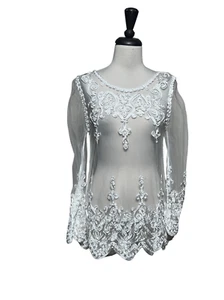 Embroidered Stitched Ribbon Sheer White Long Sleeve Blouse Bridal Small - Picture 1 of 3