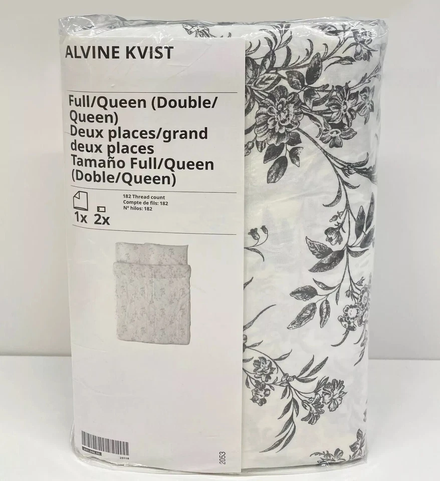 IKEA Queen Full Duvet Quilt Cover 3pc Set Alvine Kvist Floral White Gray