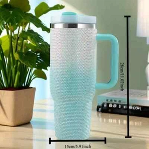 Teal Rhinestone Tumbler w/ Bling Stainless Steel 40oz with Handle New - Picture 1 of 3