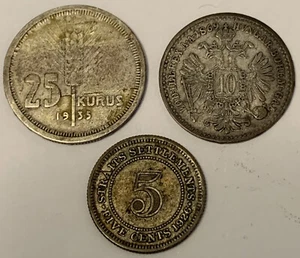1935 25 Kurus & 1926 5 Cents Straits Settlement & 1869 10 Kreuzer Austria 3 Coin - Picture 1 of 7