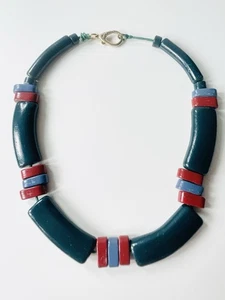 Statement - Wooden Block Necklace - Turquoise Blue Red - Gold Tone Clasp - Picture 1 of 12