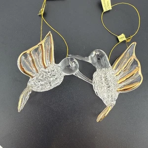 Vtg Christmas Ornament Hand Blown Art Glass Lamp-work 2 Hummingbirds Clear/gold - Picture 1 of 12