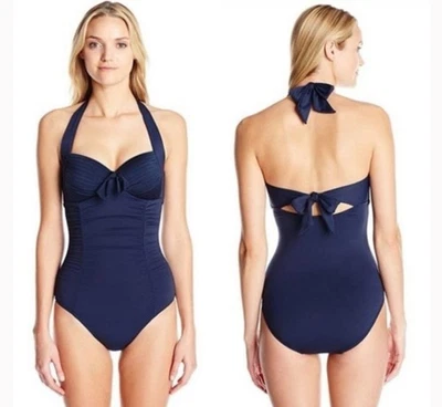 Traje de baño de una pieza Seafolly Goddess Halter azul marino Australia 12 EE. UU. 8 $200 Foto 1 de 4