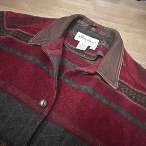 Vintage Eddie Bauer Jacket Womens Large Wool Blend Aztec Stripe Leather Trim 90s - Picture 1 of 11