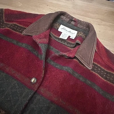 Vintage Eddie Bauer Jacket Womens Large Wool Blend Aztec Stripe Leather Trim 90s - Image 1 of 4