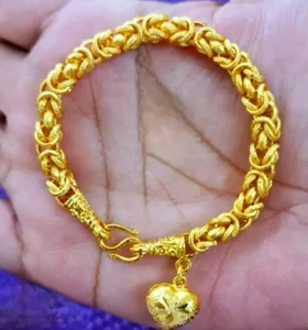 Byzantine Bracelet Heart Charm 6.5" 24K Gold Plated GP One Thai ฺBaht Jewelry - Picture 1 of 6