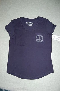 Girls S/S Tee Shirt NAVY BLUE Pocket BLING PEACE SIGN Round Bottom XS 4-5 - Picture 1 of 1