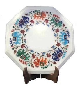 18" White Marble Table Top center Coffee Inlay pietra dura elephant k1 - Picture 1 of 4