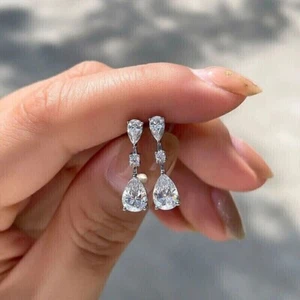 Pendientes colgantes y caídas de diamantes creados en laboratorio de 2 quilates enchapados en oro blanco de 14 quilates - Imagen 1 de 4
