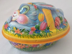 Vtg Plastic Litho-Style Easter Basket Bunny Candy Container w/ Lid-Molded Box - Picture 1 of 13