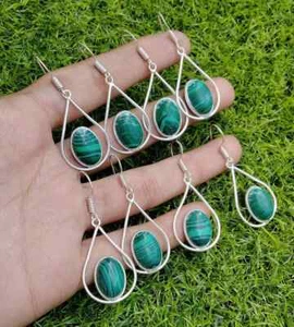 Encantadores pendientes de malaquita, pendiente ovalado de plata de ley 925, pendientes boho~ - Imagen 1 de 3