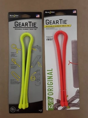 NITE IZE GEAR TIE REUSABLE RUBBER TWIST TIE 18 INCH 2-PACK ORANGE OR YELLOW