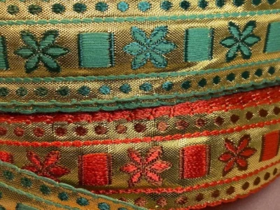 Eastern native, very metallic Jacquard fabric trim, 1 1/2 inch wide, by the yard - Image 1 of 3
