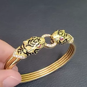Tiger Heads Diamond & Ruby Enameled 18Kt Gold Hinged Bangle Bracelet France - Picture 1 of 12