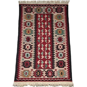 Vintage Turkish Wool Rug Flat weave Reversible Geometric Pattern Boho Unique - Picture 1 of 6