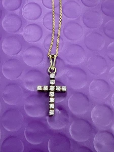 💎 14K YELLOW GOLD DIAMOND CROSS PENDANT 16” NECKLACE - Picture 1 of 9