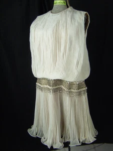 JACK BRYAN Vtg 60s Ivory Pleated Silver Beaded Fringes Party Dress-Bust 38/S-M - Picture 1 of 7