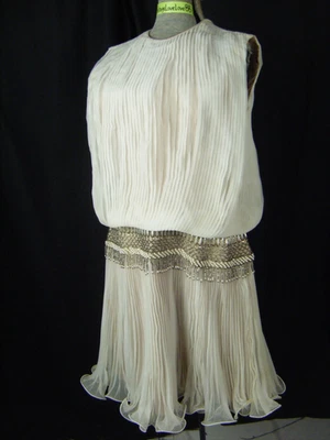 JACK BRYAN Vtg 60s Ivory Pleated Silver Beaded Fringes Party Dress-Bust 38/S-M - Image 1 of 4
