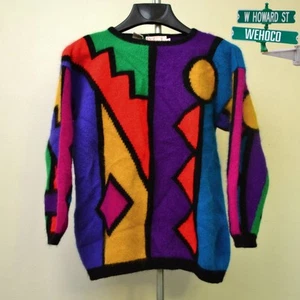 Vtg Streetwear Rafaella Petite Angora Sweater Geometric Color Block Womens Sz S - Picture 1 of 9