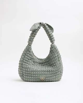 River Island Girls Shoulder Bag Khaki Nylon Scrunch Strap RI Patent Scrunch