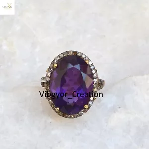 Sparkling Natural Amethyst Ring Gemstone Diamond Jewelry 925 Solid Silver Gift - Picture 1 of 4